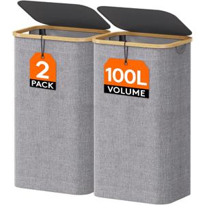 Lifewit 100L Foldable Laundry Basket with Lid, Bamboo Handles and 2 Removable Bags, Large for Bedroom, Bathroom, Dorm, Light Gray