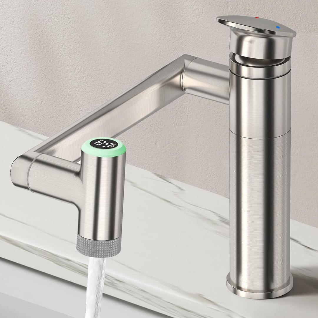 HOWUWEY Brushed Nickel Rotatable Bathroom Faucet with Temperature Display