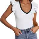 PRETTYGARDEN Womens V Neck Summer Tops Ruffle Sleeveless Slim Fit T Shirts Going Out Casual Blouses 2025 (Beige White, Medium)