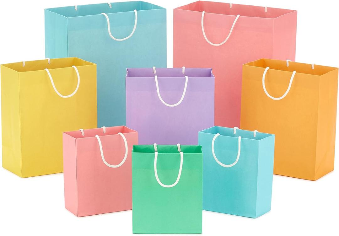 Hallmark Recyclable Gift Bag Assortment (8 Bags: 3 Small 6", 3 Medium 9", 2 Large 13") Pastel Blue, Pink, Yellow, Purple, Orange, Green for Birthdays, Easter, Baby Gifts, Bridal Showers