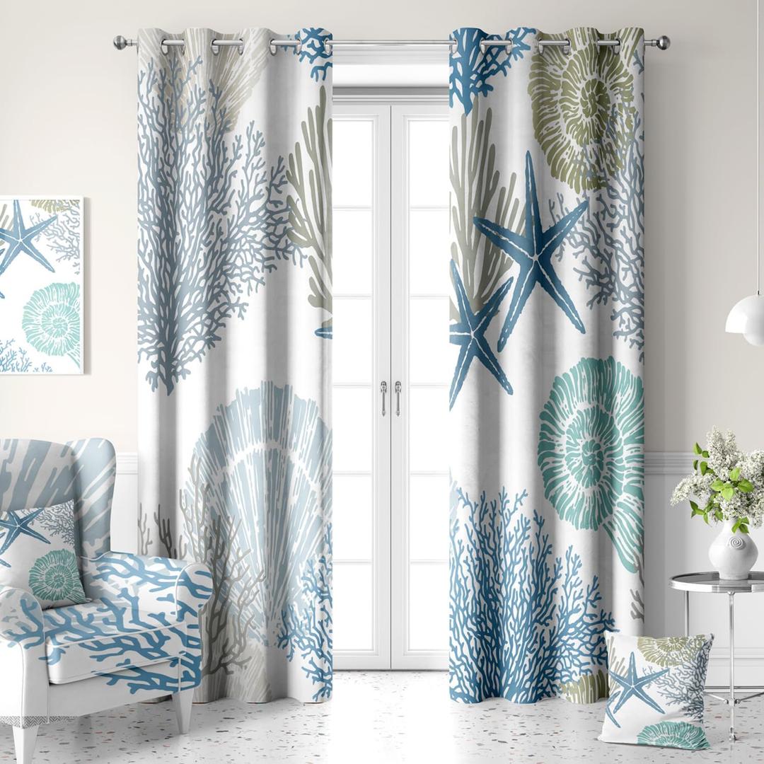 Blue Teal Coastal Window Curtains, Beach Nautical Starfish Coral Window Drapes Blackout Treatment Darkening Thermal Insulated Grommet for Living Room Bedroom Decor 2 Panels 52x84 Inches (Ocean)