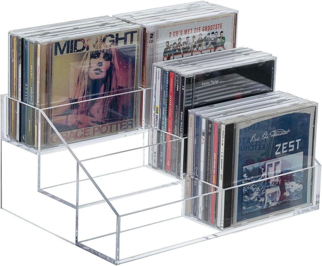 MyGift 3 Tier Modern Premium Clear Acrylic Cascading CD Storage Rack, Tabletop Compact Disc Case Holder, Media Organizer Display Stand Holds Up to 36 Jewel Cases