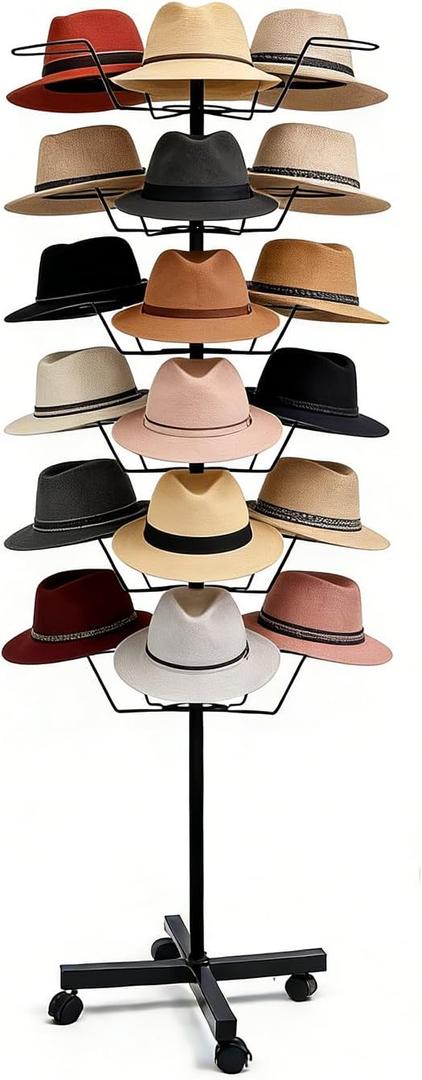 uyoyous 6-Tier Hats Display, 30 Hooks Rotating Hat Rack Stand with Lockable Wheels, Adjustable Commercial Retail Hats Organizer for Ball Cap, Straw Hat, Beret, Wig, Black