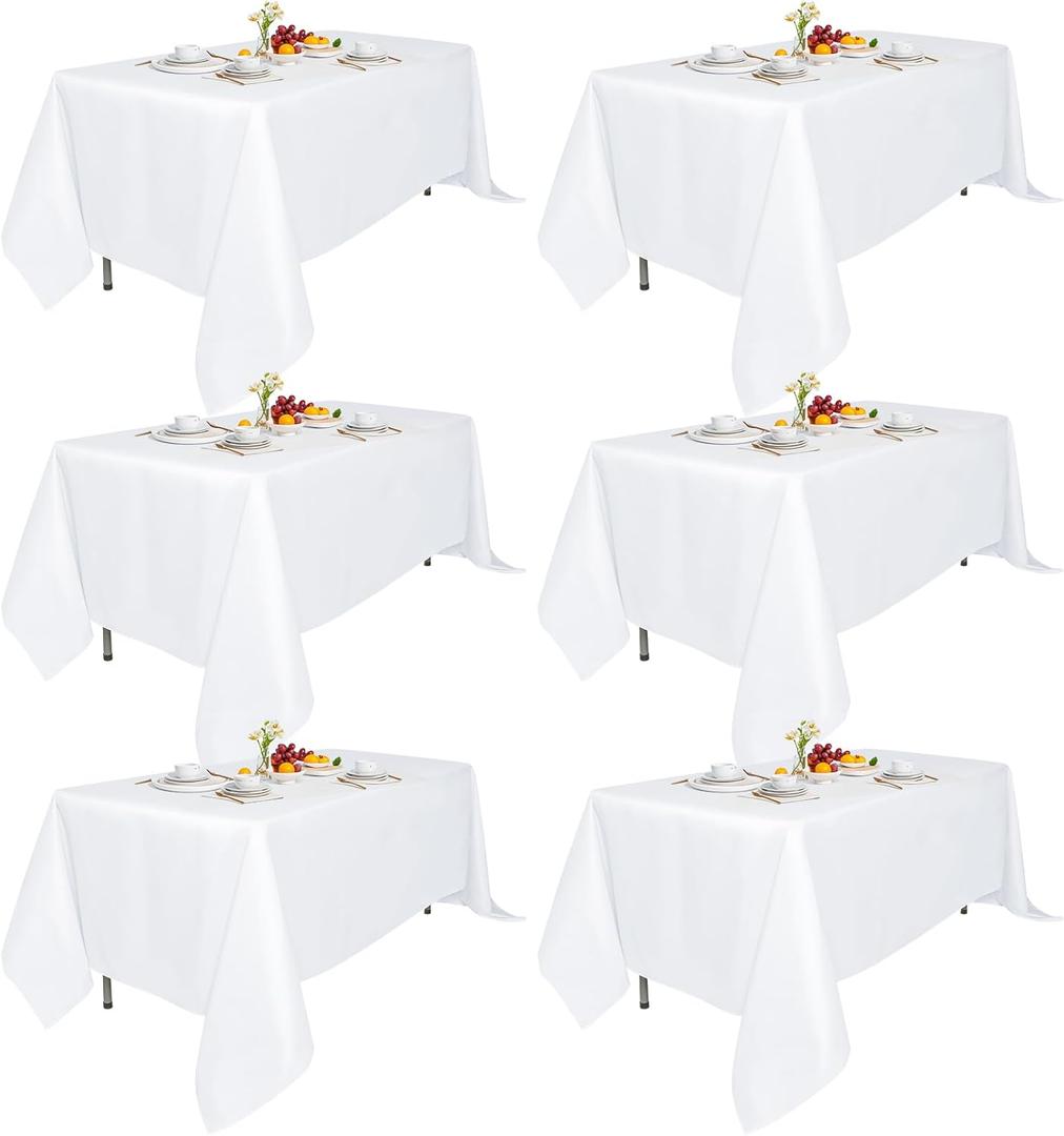6 Pack 5/10FT Rect White Tablecloths-Reusable Polyester Table Covers – Protect from Spills  