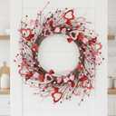 12 Inch Valentines Day Wreath, Pink Red White Farmhouse Style | Artificial Front Door Decor with Wooden Hearts & Berries, for Indoor/Outdoor Anniversary, Wedding & Seasonal Decorations