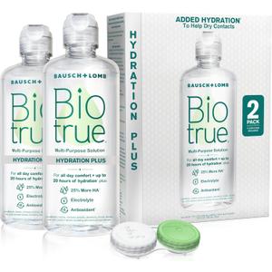 Biotrue Hydration Plus Contact Lens Solution with Lens Case, Multi-Purpose Solution for Soft Lenses, Hydrates with Hyaluronan, Cleans, Clears, and Disinfects for All-Day Comfort, 10 Fl Oz (Pack of 2)