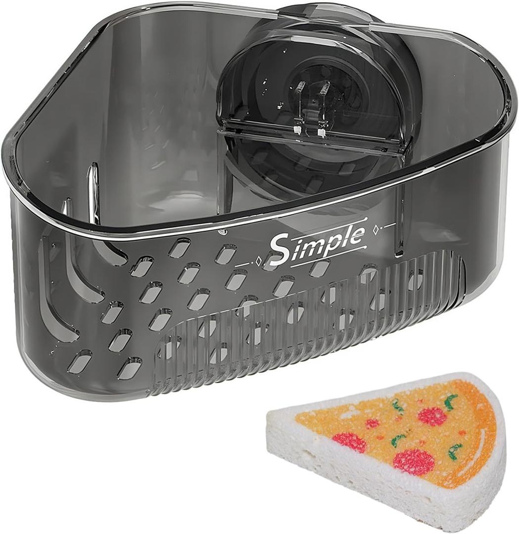 Suction Cup Sink Corner Rack,Sponge Holder with Strong Suction Cup, Kitchen Sink Organizer with Drainage Holes, Storage Rack for Bathroom, with Pizza - Shaped Sponge (Black)