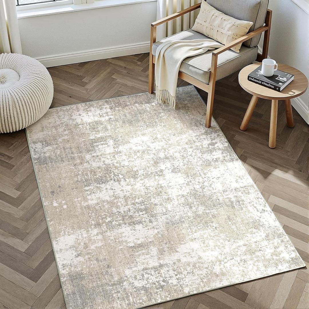 Modern Abstract Beige Gray Area Rug 3x5 Entryway Machine Washable Office Carpet Kitchen Door Mat Indoor Accent Throw Low Pile Non Slip Distressed Living Dining Laundry Room Bedroom