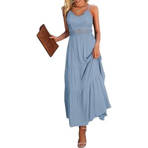 Dokuritu Women's Beach Crochet Lace Maxi Dress Solid Color Summer Vacation Spaghetti Strap Long Dress, Medium