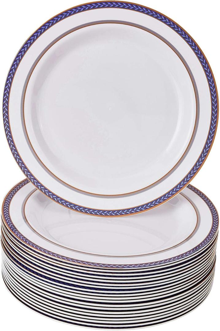 SILVER SPOONS DISPOSABLE SALAD PLATES | 20 pc | Heavy Duty Plastic Dishes | Elegant Fine China Look | Renaissance  Royal Blue (9)