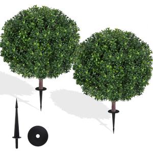27.5" Artificial Boxwood Topiary Ball Tree, Set of 2 Fake Bushes Shrubs with Ground Spike, UV Resistant Faux Evergreen Boxwood Trees for Front Porch Planters Outdoor Garden Decor