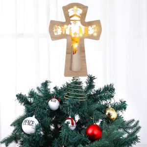 7" x 12.6" Nativity Christmas Tree Topper Wooden Cross Tree Topper with LED Christmas Religious Rustic Lighted Treetop Nativity Scene Xmas Decorations for Holiday Ornaments Tables Decor
