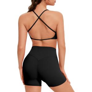 OMKAGI Workout Sets for Women Open Back Strappy Sports Bra Booty Biker Shorts Gym Outfits (Large, Black)