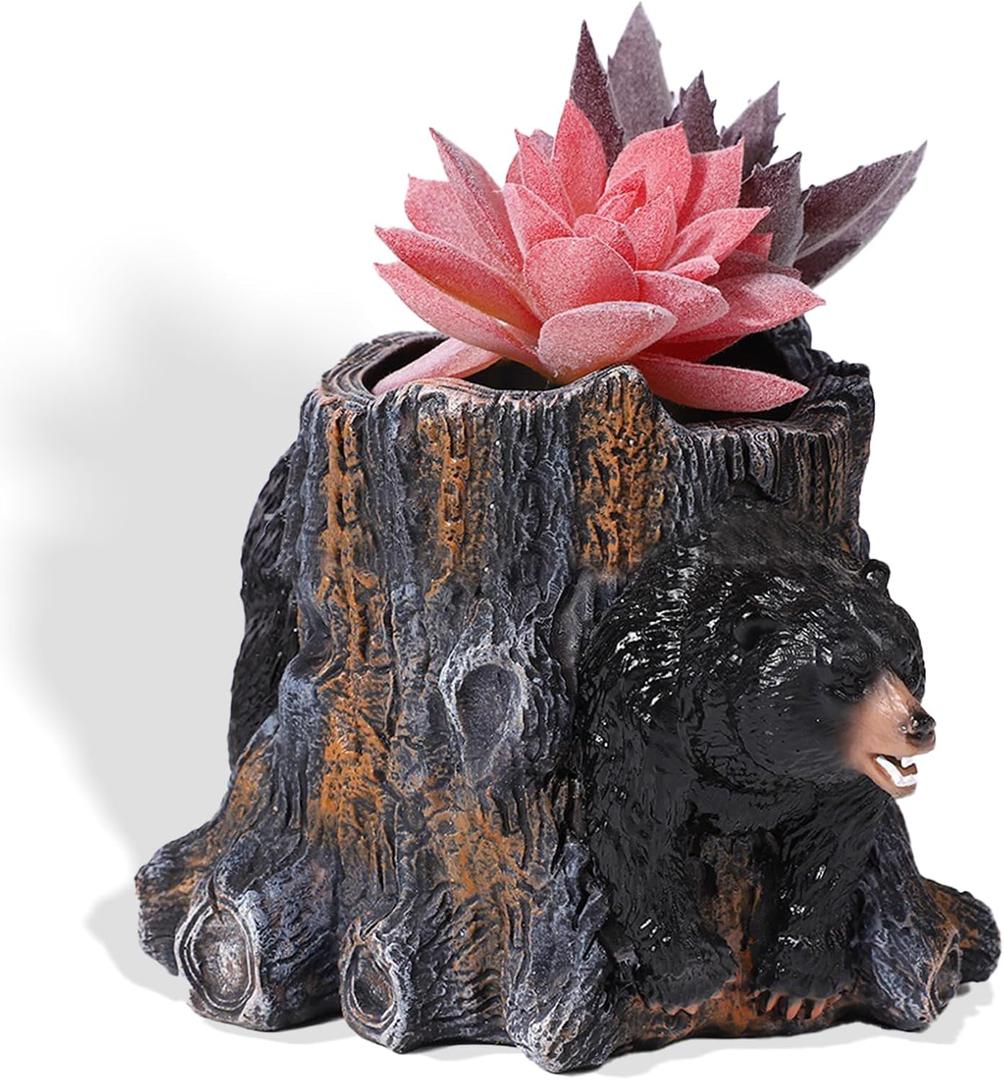5 Inch Black Bear Succulent Planter - Small Resin Tree Stump Flower Pot with Drainage Hole, Cute Animal Container for Cactus, Indoor Desktop Decor Gift