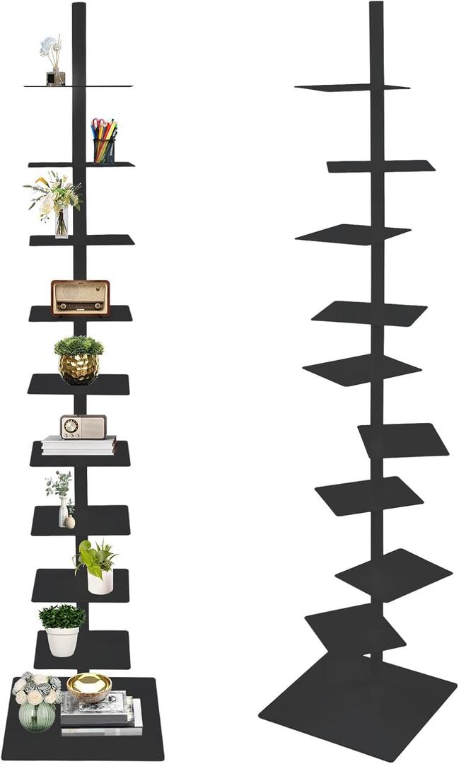 9 Tier Metal Spine Bookshelf Tower, Adjustable Vertical Tower for Books, Tall & Narrow Ladder Bookcase, Metal Vertical Bookshelf for Study Room,Living Room,Office,Bedroom (Black), 15.4 inches x 68.9 inches