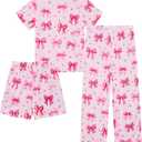 Funnycokid Girls Pajamas 3 Piece Short Sleeve Shirt Top Pants Shorts with Pockets 7-14 Years