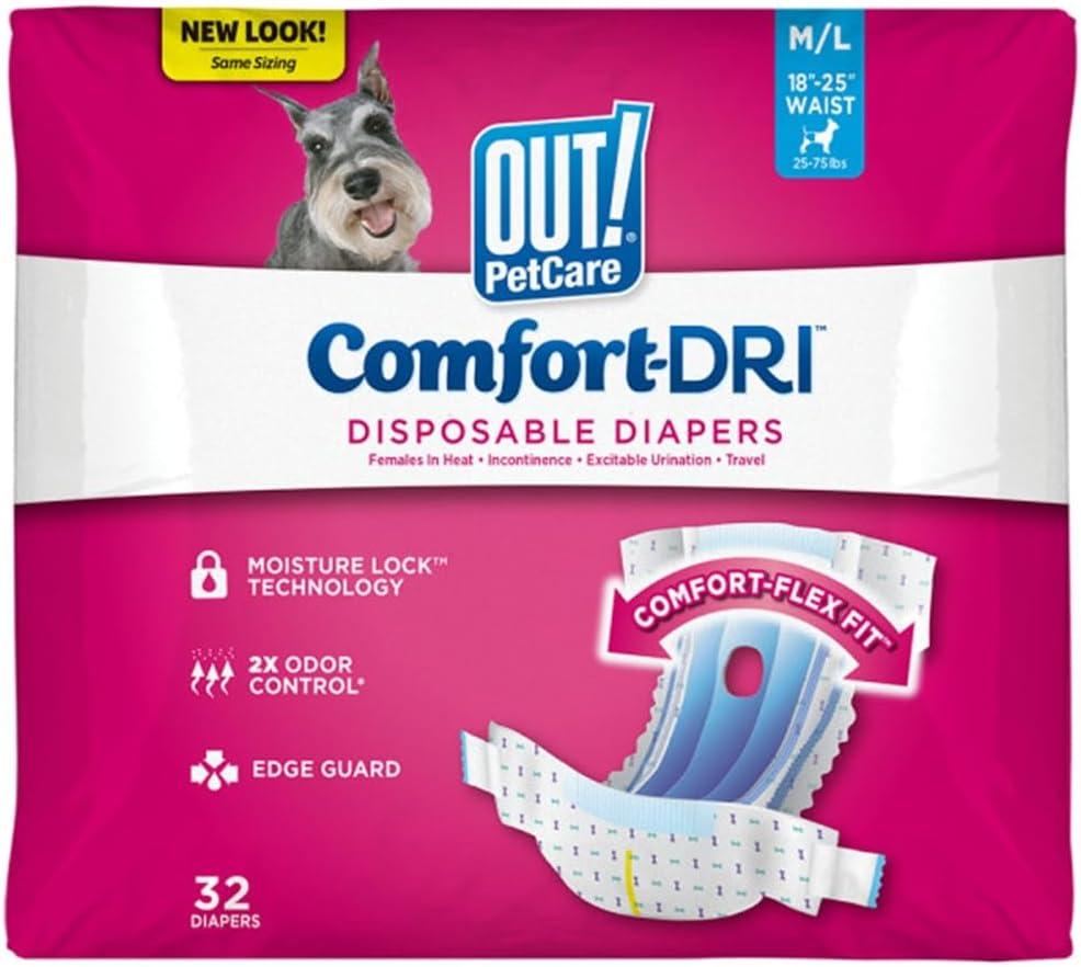 Out! PetCare Disposable Dog Diapers Female, Potty Training, Dog Diapers, Female Doggie in Heat, Puppy Training, Incontinence, Puppy Essentials 18-25 Waist (M/L, 32ct)