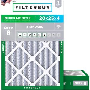 Filterbuy 20x25x4 Air Filter MERV 8 Essential Dust & Allergy Defense (2-Pack), Electrostatic Pleated HVAC AC Furnace Filters Replacement, Made in USA (Actual Size: 19.50 x 24.50 x 3.63)