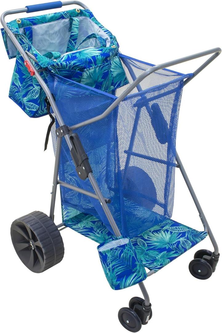 Tommy Bahama Wonder Wheeler Deluxe Folding Beach Cart, Portable Caddy for Towels and Beach Accessories, Stores 48-Quart Cooler & 4 Chairs, Blue
