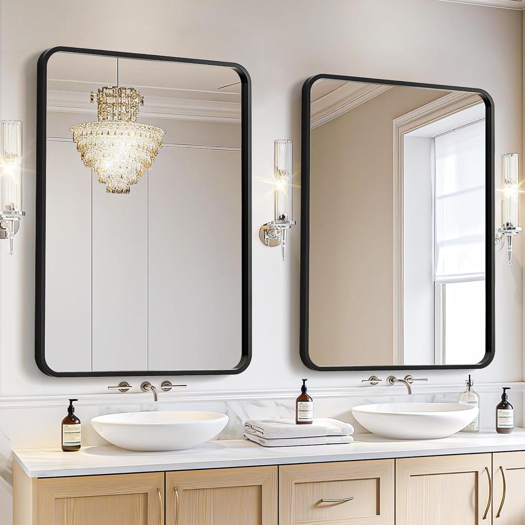USHOWER 2-Pack Black Bathroom Mirrors Over Sink 22 x 30 Inch, Metal Frame Rectangle Mirror, Modern Farmhouse Vanity Mirror, Wall Mounted for Bedroom, Living Room, Entryway Remodel & Upgrade
