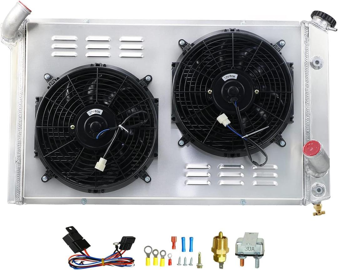 Radiator with Electric Fan Compatible with 1973-1976 74 75 Chevy Corvette C3 Base Stingray 5.7L 7.4L V8, 4 Row Aluminum Radiator + Shroud/Fan + Relay Kit