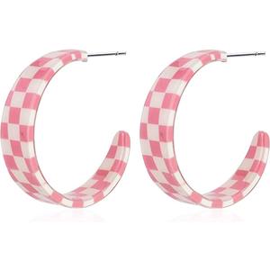 Checkered Big Grid C Shape Hoop Earrings Colorful Chunky Shape Trendy Earrings Cute Candy Acrylic Resin Earrings Jewelry for Women (Pink)