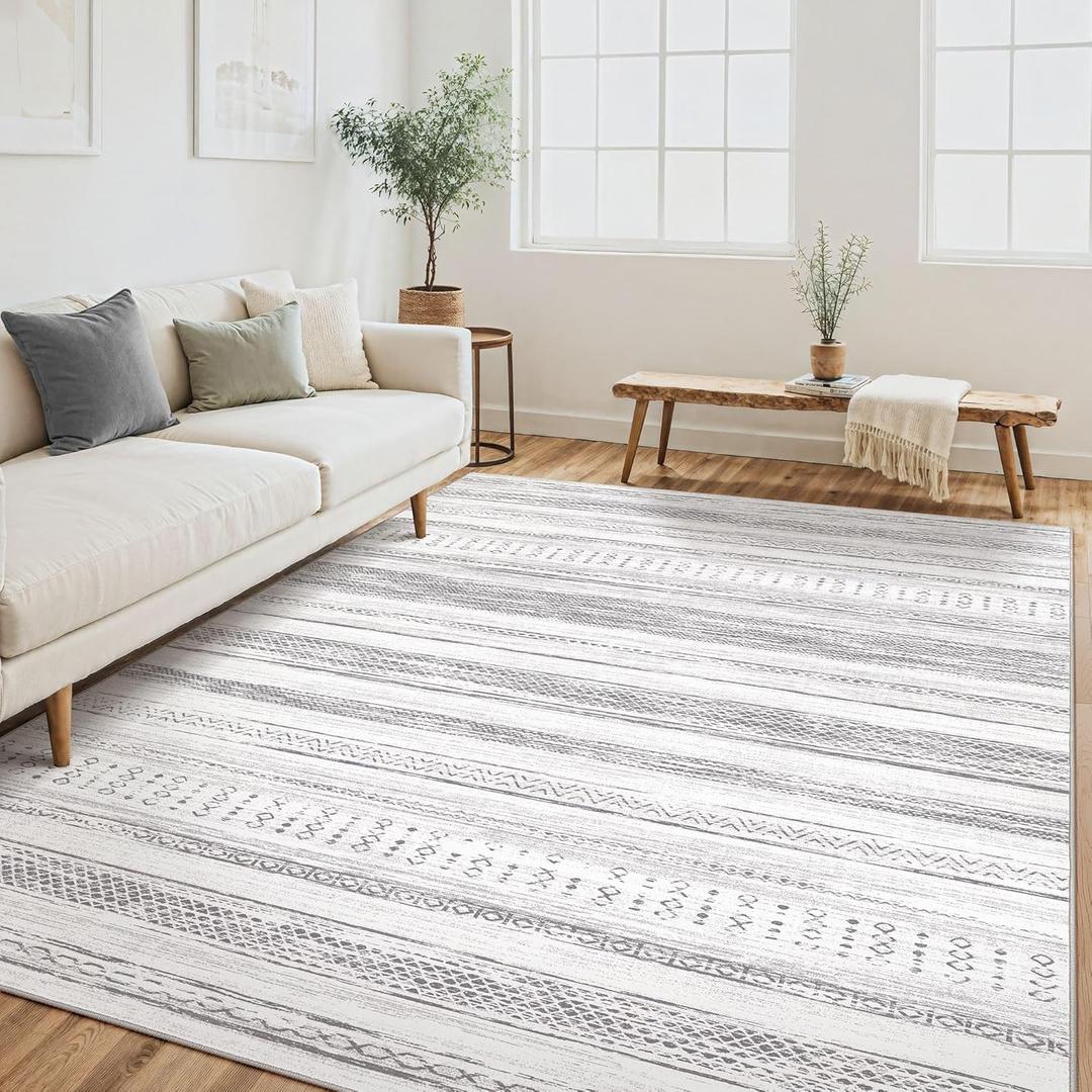 Tortania Area Rug Living Room Rugs - 6x9 Washable Large Soft Neutral Boho Moroccan Bohemian Farmhouse Rug Indoor Floor Carpet for Bedroom Under Dining Table Home Office Decor - Light Grey