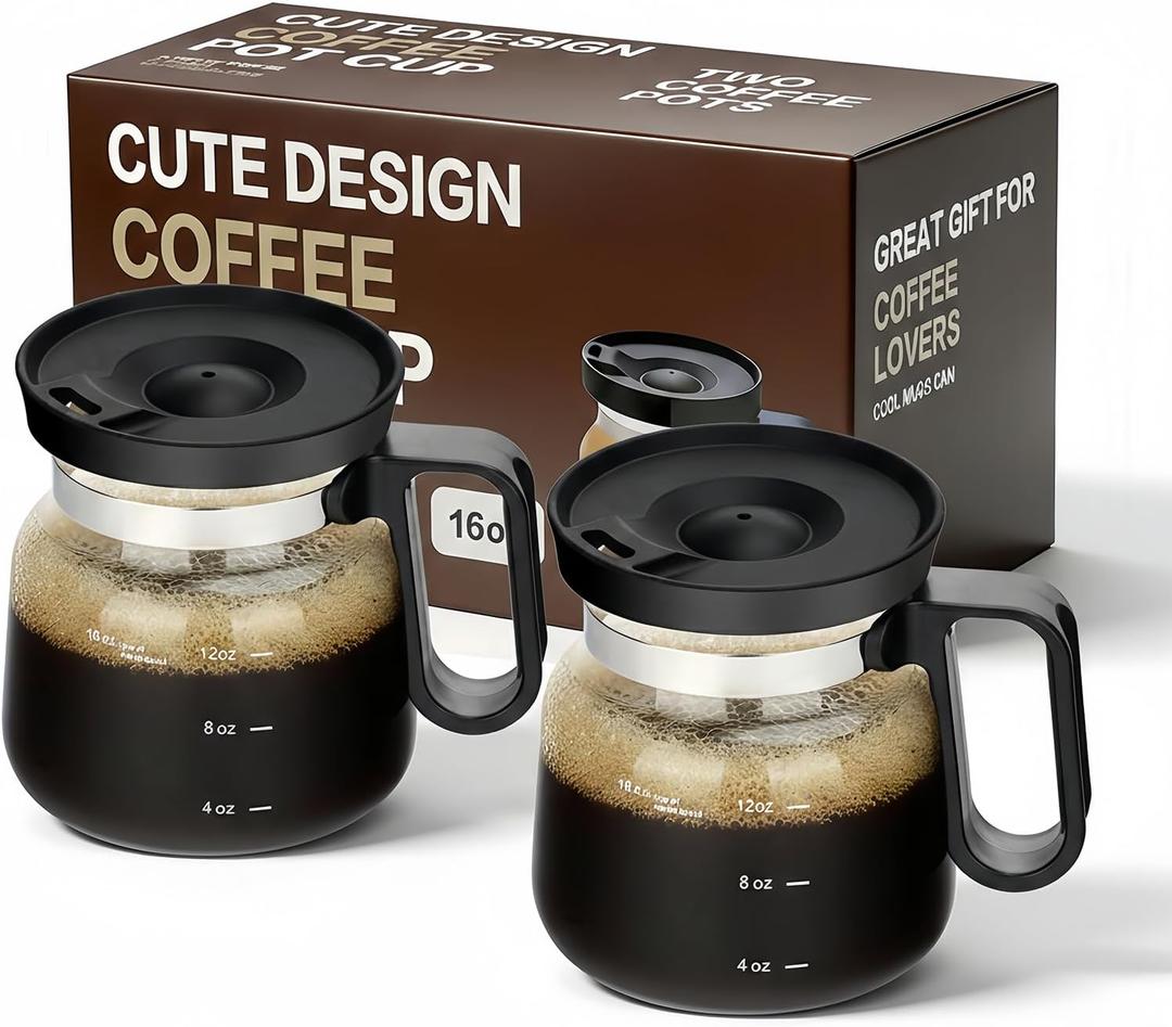 Coffee Pot Mug, 16 Oz Mini Glass Coffee Pot Coffee Mug with Spill Proof Lid & Heat Proof, Coffee Pot Cup Gifts for Coffee Lovers (2PCS)