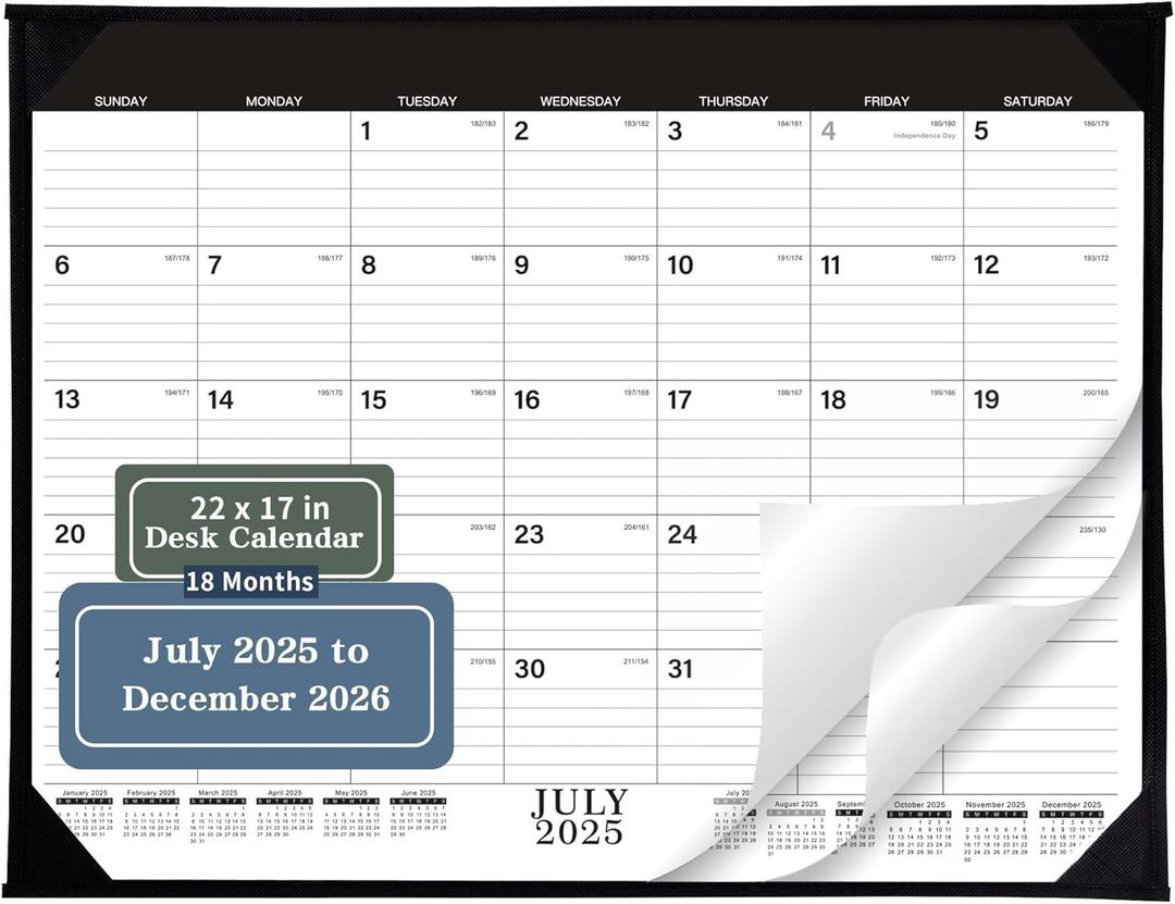 Desk Calendar 2025-2026 - JUL 2025 - DEC 2026, 18 Monthly Calendar,17" x 22", 2025-2026 Large Desk Calendar with Thick Paper, Calendar with Corner Protectors, Ruled Blocks