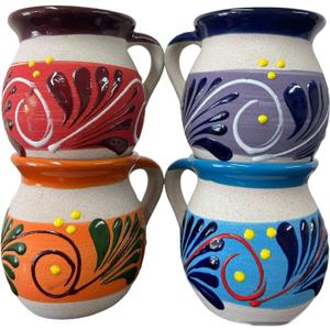 FFX Artesania Mexican Terracotta Coffee Mugs Clay Cups Tazas Para Cafe de Barro Artisan Made EACH MUG UNIQUE Hand Painted Terracotta Cocktail Glasses Tea Decor, Pack of 4