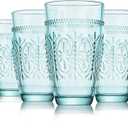 CREATIVELAND Colored Vintage Drinking Glasses Set of 4, 15.5 oz Romantic Embossed Water Glasses, Colored Tumblers Tempered Glass for Juice, Beverages, Beer, Cocktail (4 Count (Pack of 4), Blue)