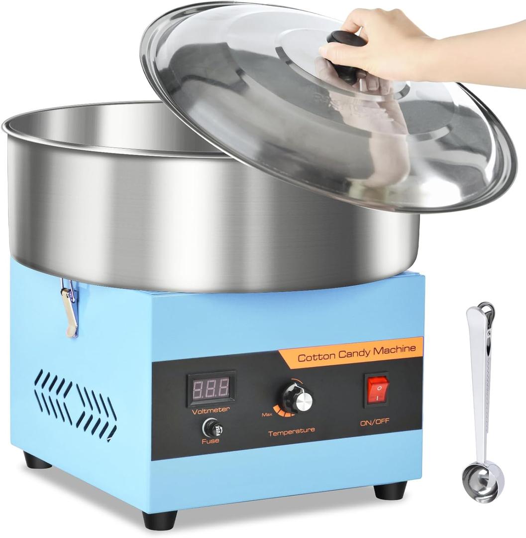 Cotton Candy Machine Commercial, 1000W Professional Cotton Candy Machine, Cotton Candy Maker with Stainless Steel Bowl, Bowl Cover and Sugar Scoop for Kids Birthday, Family Party, Festival (Blue)