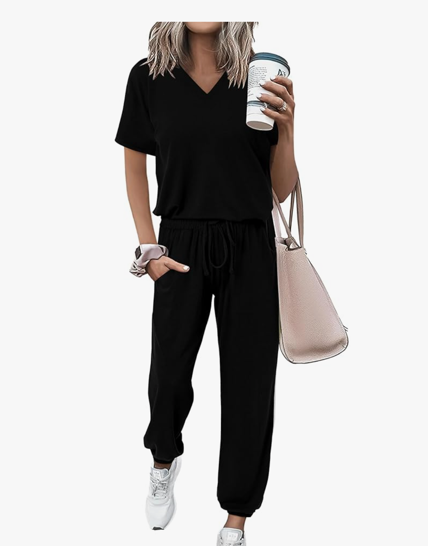 Womens 2 Piece Outfits Summer Casual V Neck Short Sleeve Tops Long Pants Tracksuit Lounge Jogger Set with Pockets Size XL, Black