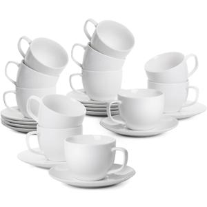 BTaT- Cappuccino Cups with Saucers 8 oz, Set of 12, White Porcelain Coffee Cup and Saucer Set for Latte, Mocha, Tea, Au Lait, Flat White, Dishwasher, Microwave, Freezer and Oven Safe