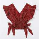 WDIRARA Women's Bow Tie Polka Dots Blouse Ruffle Cap Sleeve Wrap V Neck Crop Tops (XS)