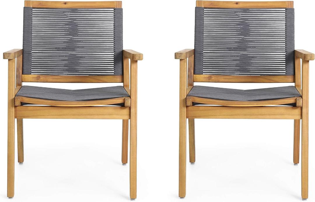 Christopher Knight Home Tracy Outdoor Acacia Wood Dining Chair with Rope Seating (Set of 2), Teak and Dark Gray, 24.75 x 26.5 x 34.75 inches