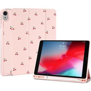 Compatible with iPad (A16) 11th Generation 11 Inch 2025/iPad 10th Generation 10.9 Inch 2022 Case,Pink Cute Cherry Design with Pencil Holder Shockproof Flexible TPU Protective Cover