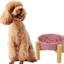 Elevated Slow Feeder Dog Bowl - Ceramic Maze Food Dish with Bamboo Stand - Raised Feeding Bowl for Fast Eaters - Ideal for Small and Medium Dogs - Pink - 6.7 inch (1.25 CUP)