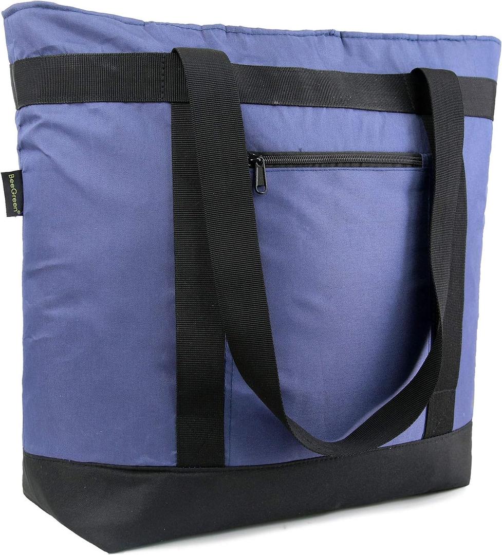 BeeGreen Cooler Bag Soft Leakproof Insulated Tote with Zipper for Beach Travel Grocery (Navy Blue)