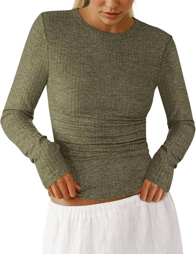 PRETTYGARDEN Womens Long Sleeve Shirts 2026 Ribbed Knit Slim Fitted Basic Tee Casual Going Out Tops Underscrubs Fall Clothing (Green, S)