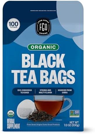 FGO Organic Black Tea, 100 Count, Eco-Conscious Tea Bags, Caffeinated, Resealable Bag, Packaging May Vary (Pack of 1), EXP 18 AUG 2025 
