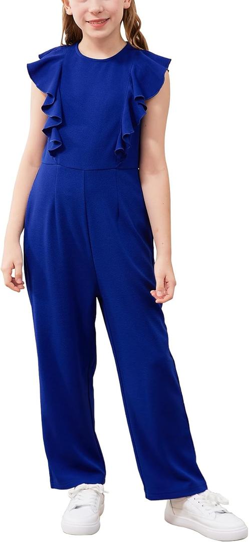 GORLYA Girls Ruffle Trim Flutter Sleeve Casual Jumpsuit Outfits Straight Wide Leg Long Pant Jumper Rompers 4-14T (8 Years, Blue)