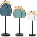 Thyle 3 Pcs Thanksgiving Pumpkin Table Centerpieces Wood Harvest Table Decorations for Home Standing Block Tall Sign with Bow for Home Decor(Blue, Light Blue, Grayish White)
