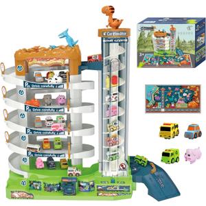 Kids Multi-Level Car Ramp Playset, ABS Plastic Track Set with Mini Cars, Crane & Spiral Tracks, Gift Toy for Boys and Girls Ages 3-6 (Dinosaur Base)