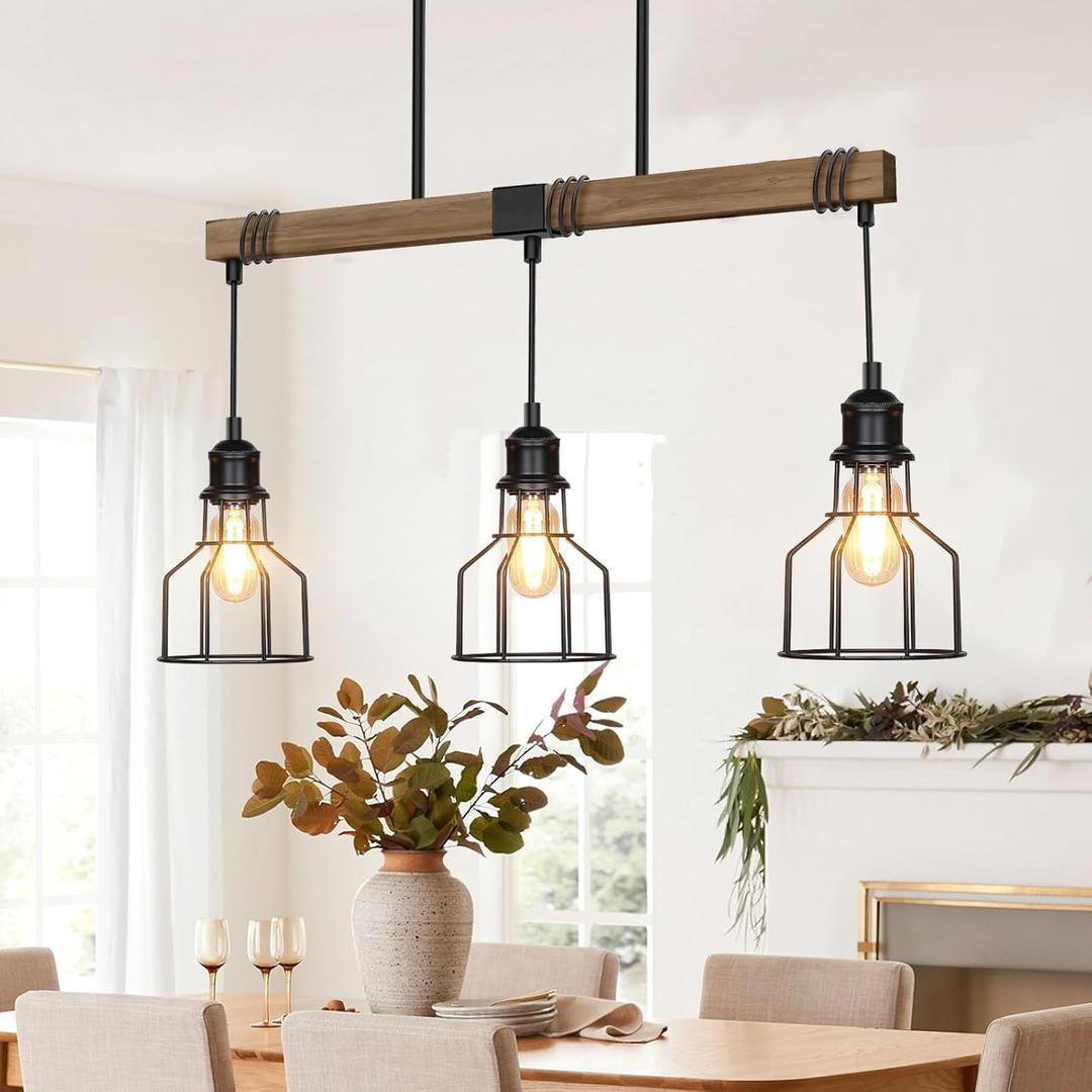 3-Light Kitchen Island Lighting, 63" Adjustable Height Pendant Light Fixtures Black Metal & Rustic Wood Modern Dining Room Linear Chandelier Over Table with E26 Base for Farmhouse Bar