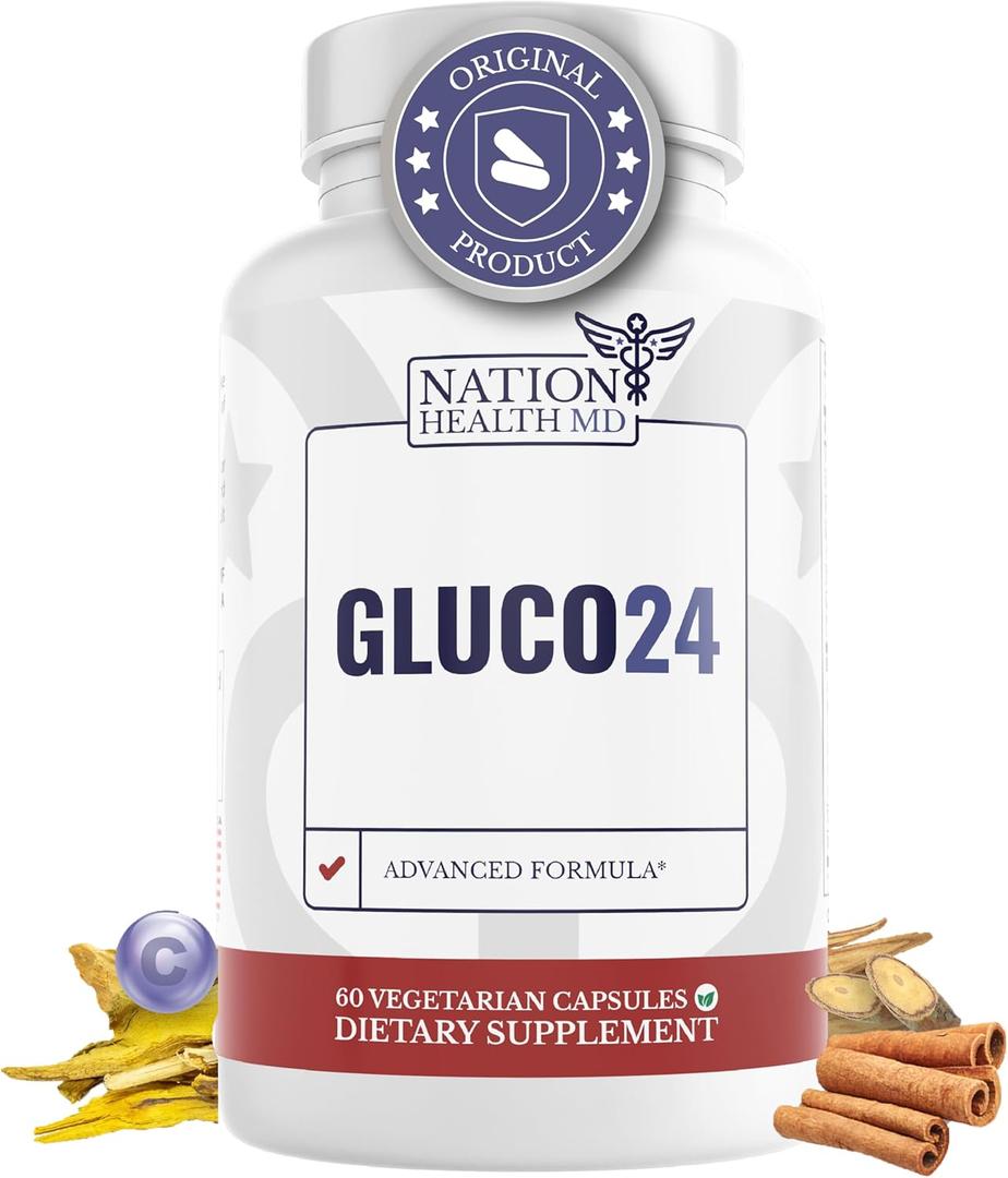 Gluco24 Blood Sugar Support Supplement - Advanced Glucose Complex Supplements with Berberine, Ceylon Cinnamon & Bitter Melon, Vegan, Non GMO - 60 Capsules