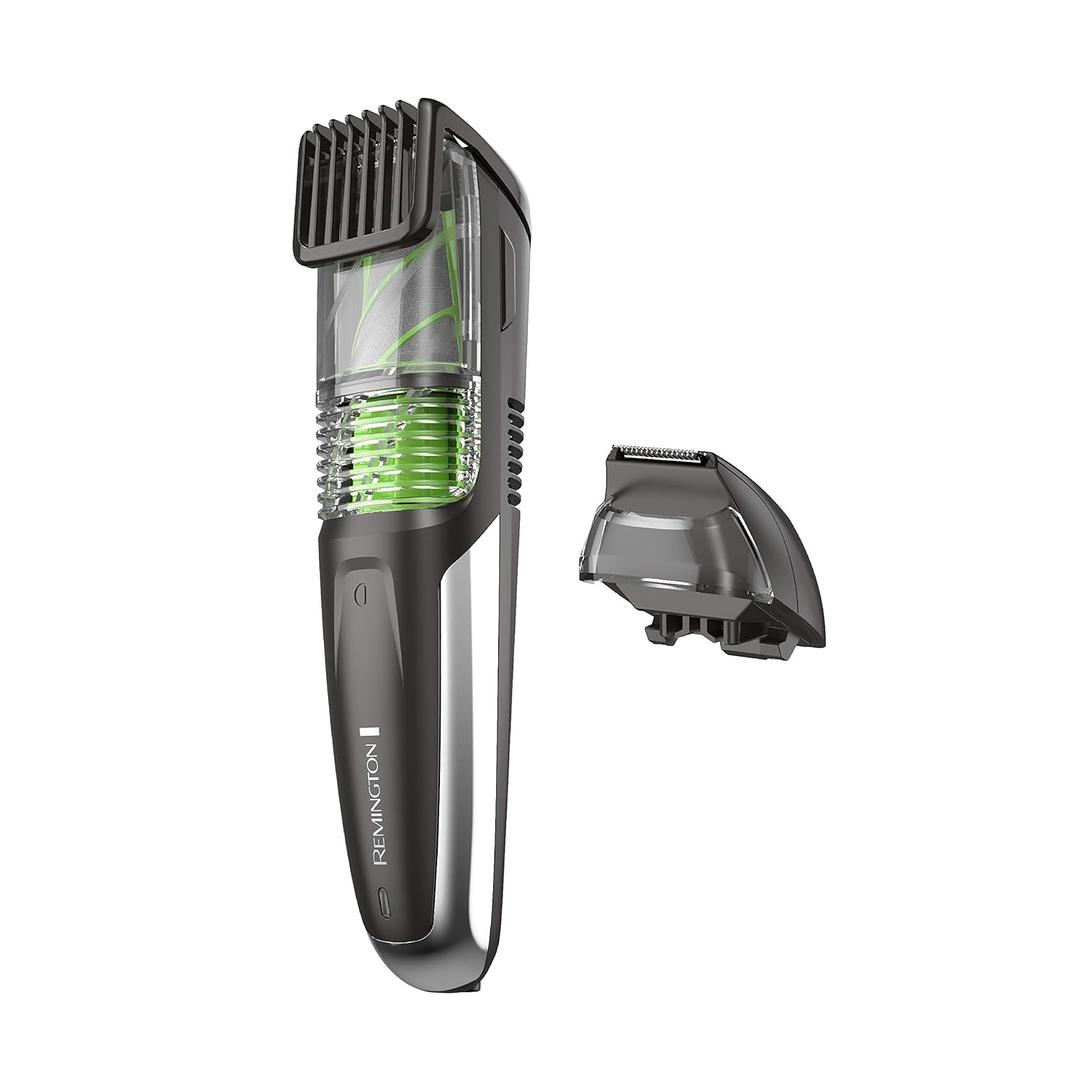 Remington Vacuum Beard Trimmer,13 Length and Style Settings with Adjustable Length Comb (2-18mm),Vacuum Trimmer for Beard, Mustache, and Stubble, Rechargeable Lithium Power, Washable, Removable Blades (Black/Green)