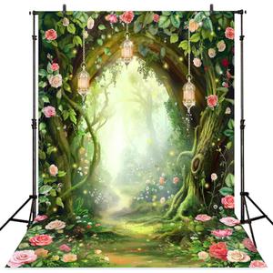 Riyidecor Enchanted Fairy Backdrop Polyester Fabric Fantasy Spring Wonderland Flower Greenery Woodland Tale 6Wx8H Feet Rose Nature Tree Photography Background Birthday Baby Shower Photo Studio Shoot