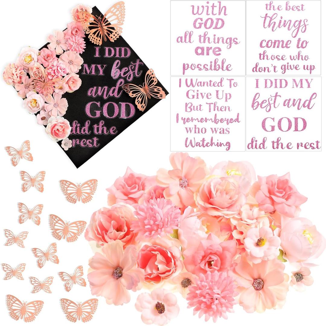Feifeiya 36 Pcs DIY Graduation Cap Decorations Accessory Kit Include Faux Flower Heads Inspirational Graduation Quotes Glitter Stickers 3D Butterfly for Grad Cap Topper DIY Gift(Pink)