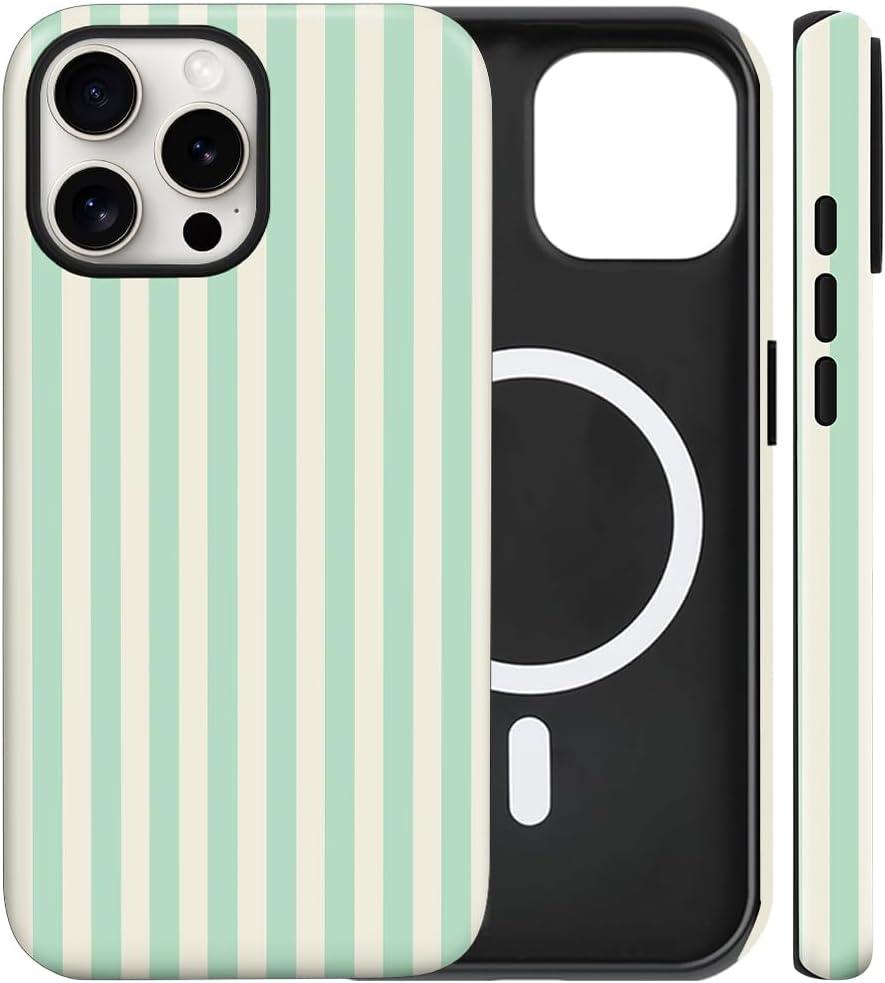 Magnetic for iPhone 17 Pro Case Cute Stripes Phone Case, Light Green